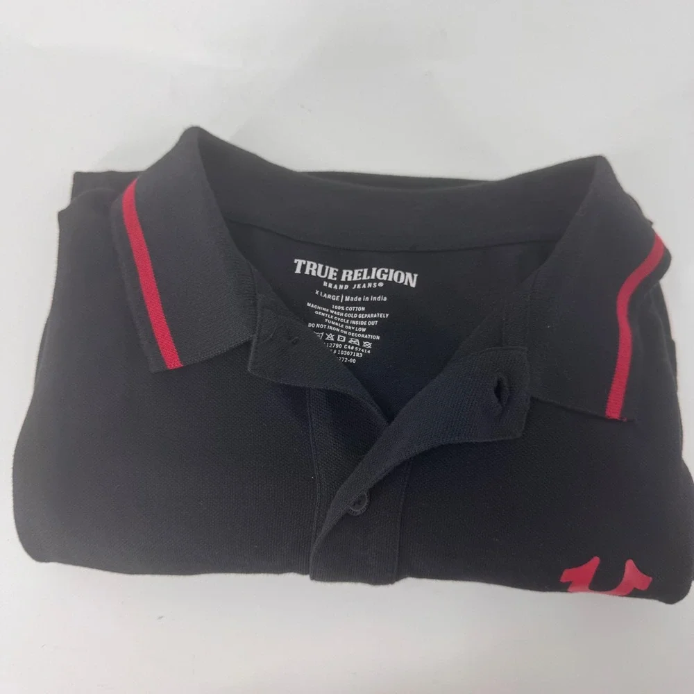 True Religion Mens Black Red Graphic Logo Short Sleeve Polo Shirt XL